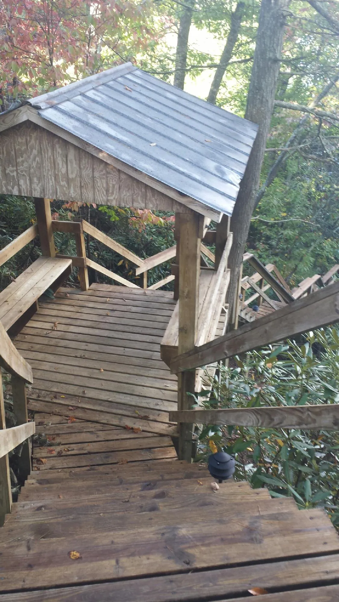 Metal roofed shelter over wooden steps on a wooded walkway — Skylight Repair & Installation work by our crew in Pierson
